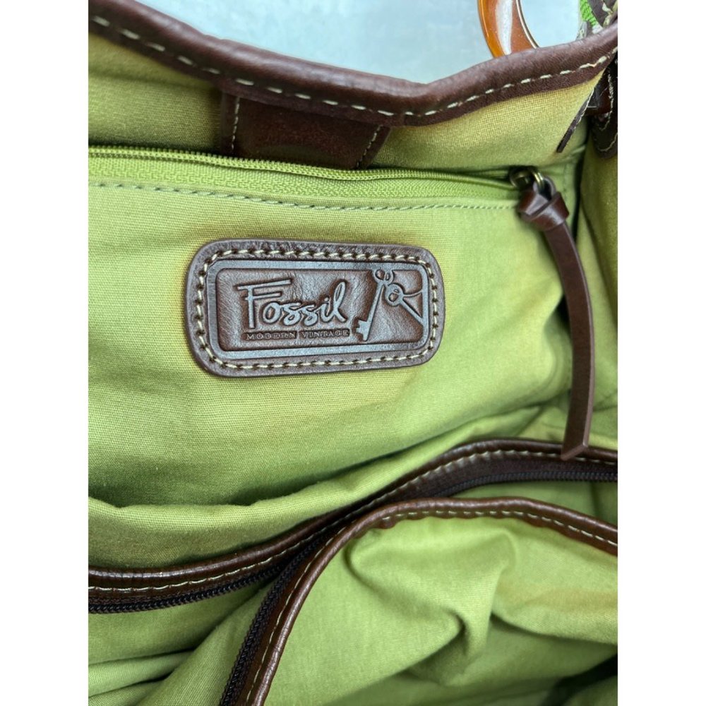 Fossil Womens Shoulder Bag Green Brown Floral Leaves Magnetic Canvas Pocket M - Picture 10 of 11